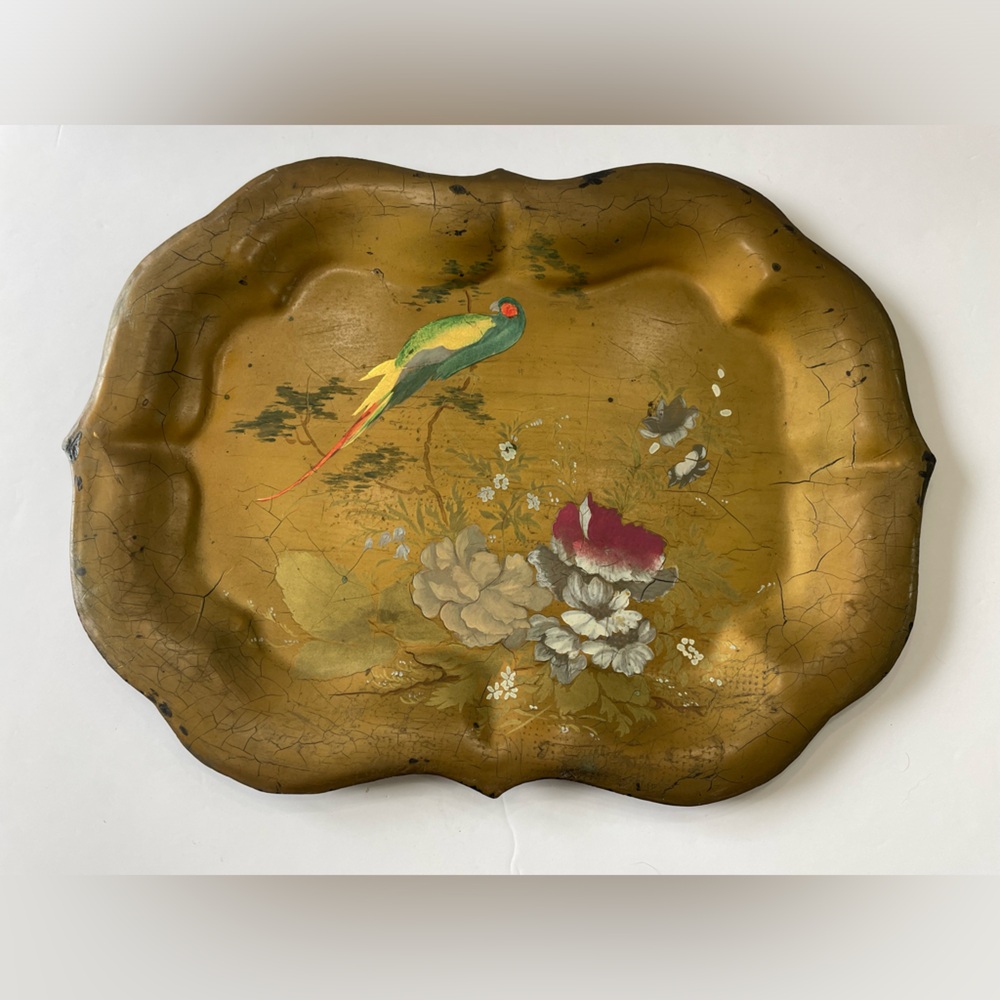 Vintage Birds and Flowers Painted Tray 12.25” W X 9.25” D